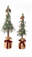 Two sizes of illuminated pine spruce tree in hessian bags with burgundy bows