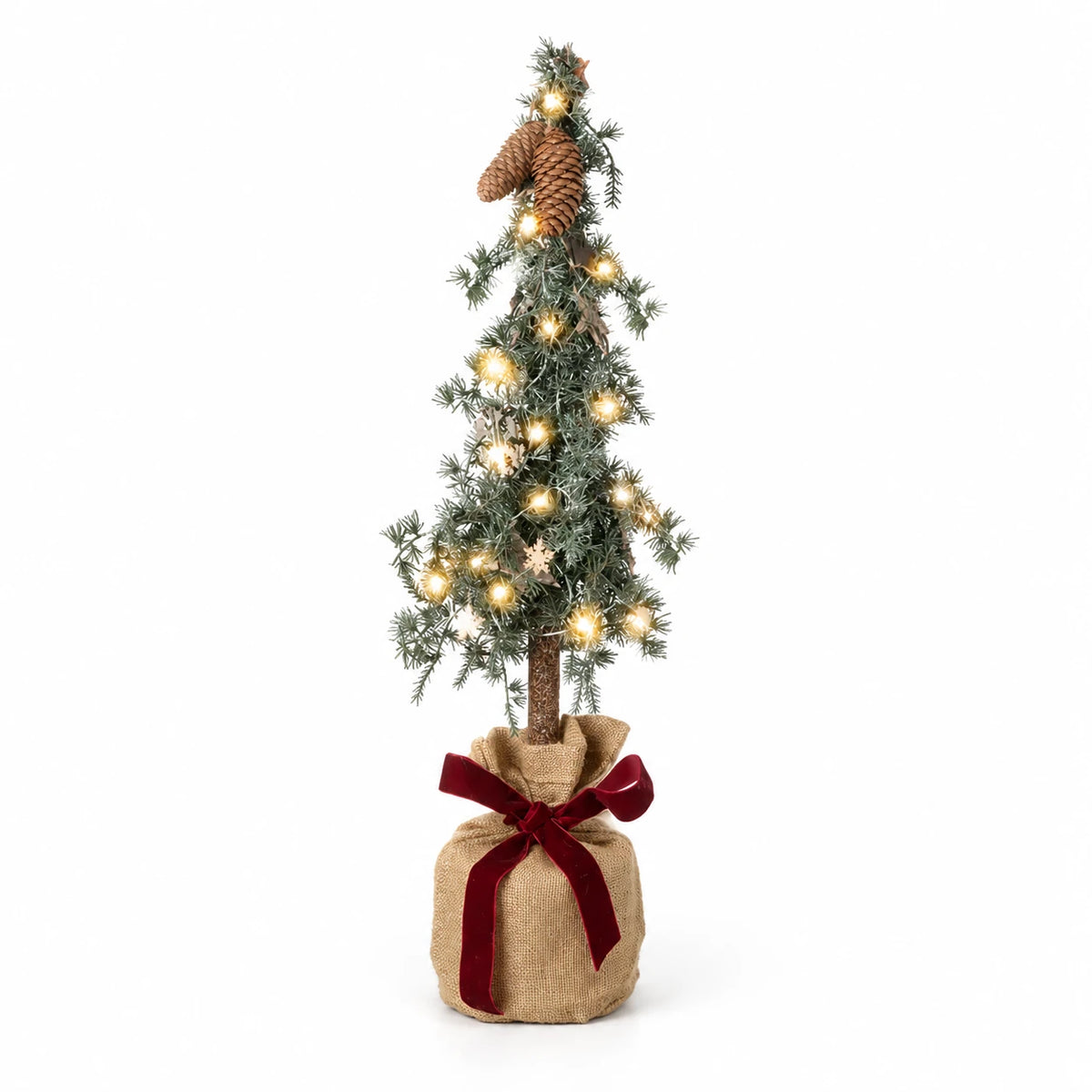 60 cm pine spruce Christmas tree in a hessian bag with burgundy bow on white