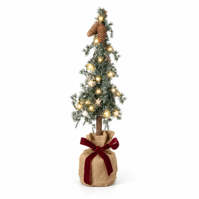 60 cm pine spruce Christmas tree in a hessian bag with burgundy bow on white