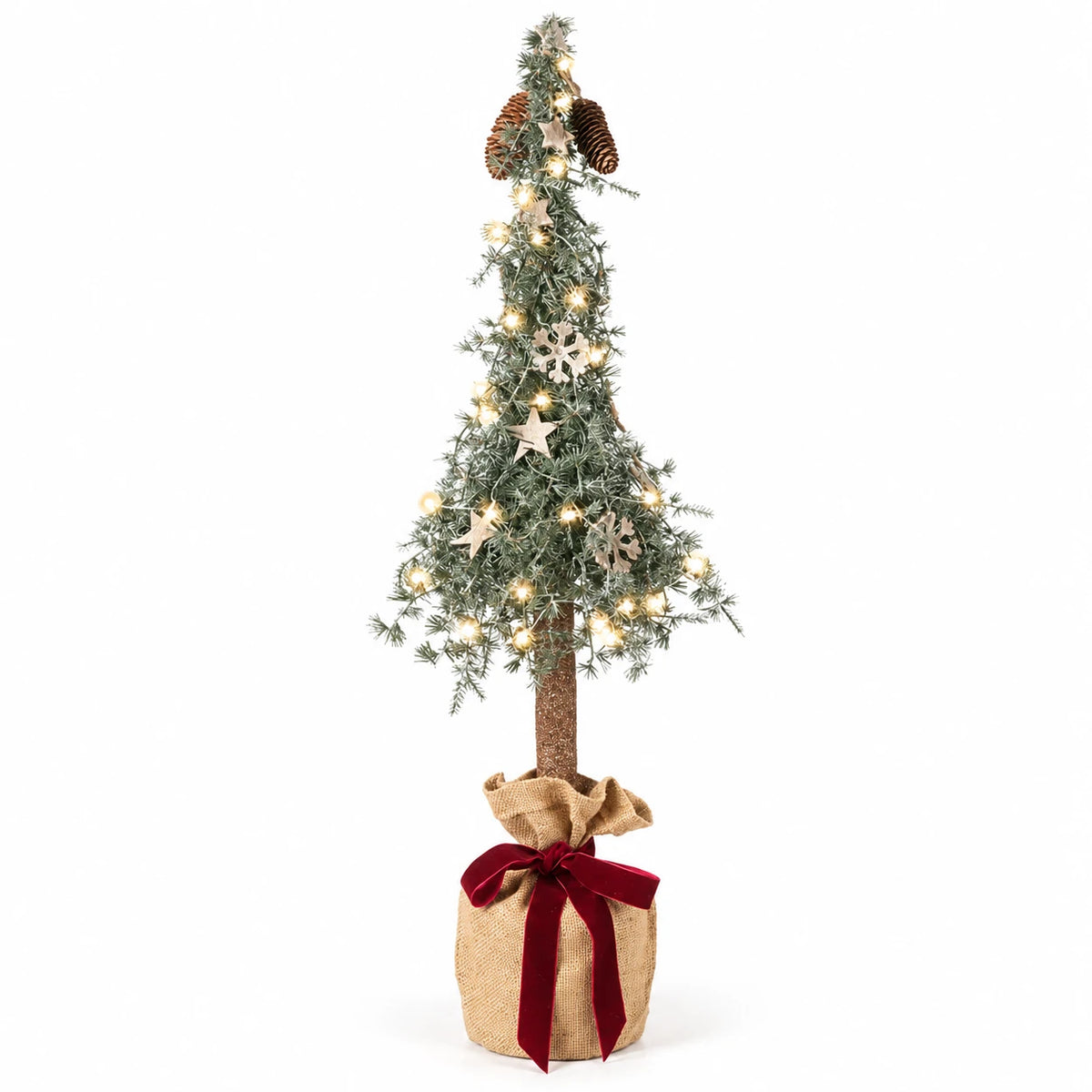 75 cm pine spruce Christmas tree in a hessian bag with burgundy bow on white