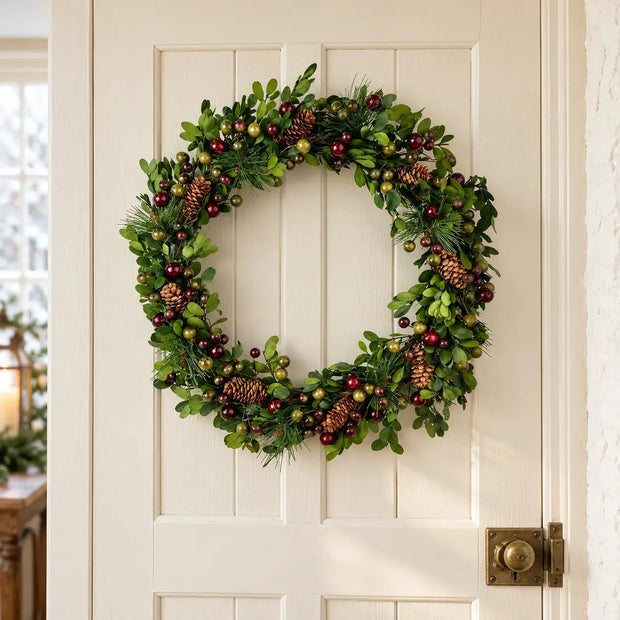 Pinecone and berry Christmas wreath styled on a cream country cottage door