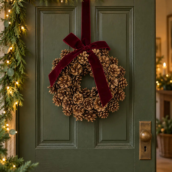 Pinecone wreath with burgundy bow hanging on a green cottage door