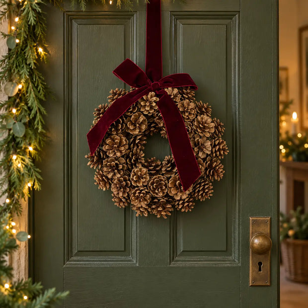 Pinecone wreath with burgundy bow hanging on a green cottage door