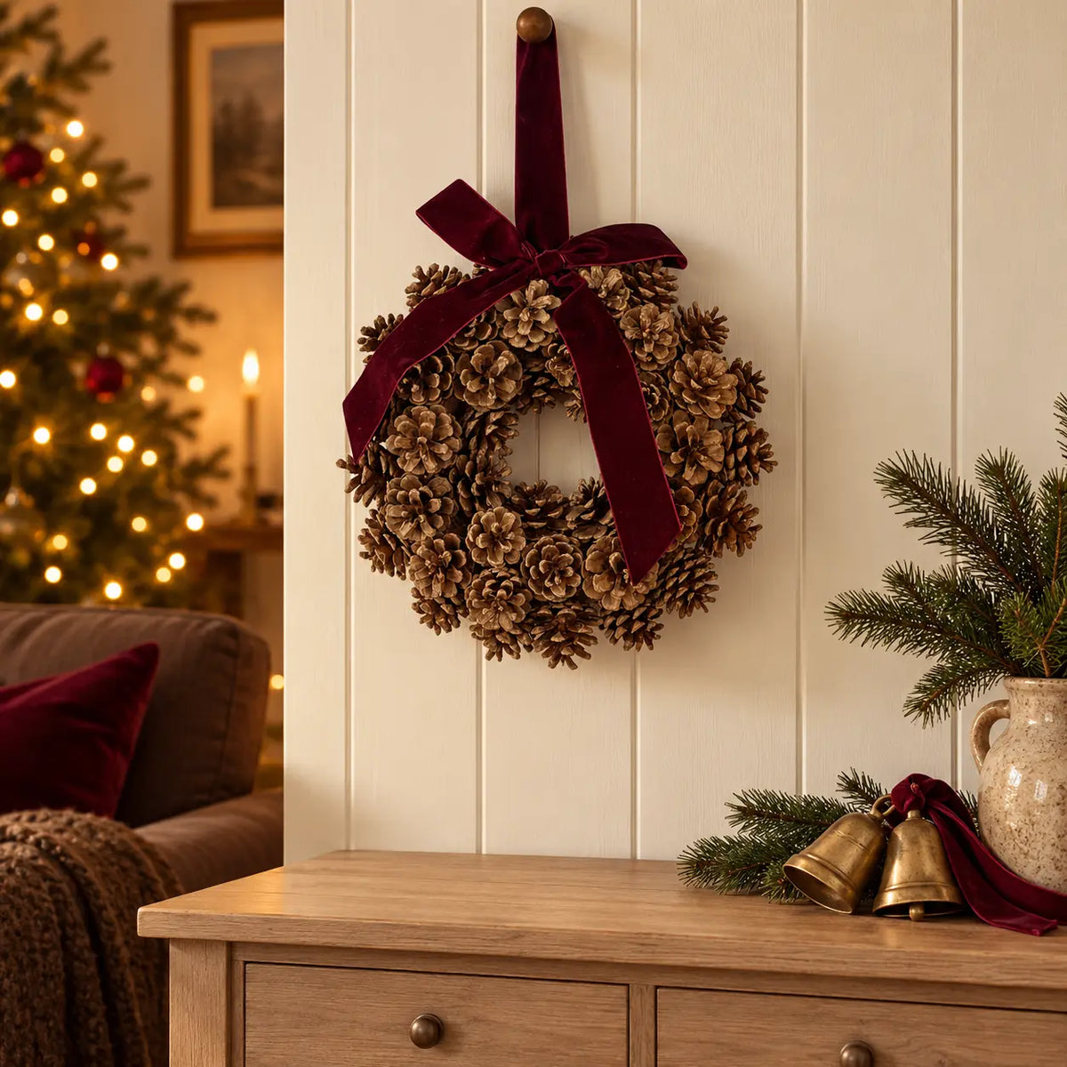 Pinecone wreath with burgundy bow above an oak console in a Christmas living room