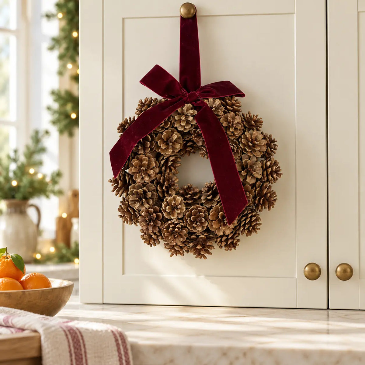 Pinecone wreath with burgundy bow hanging on a cream country kitchen cupboard