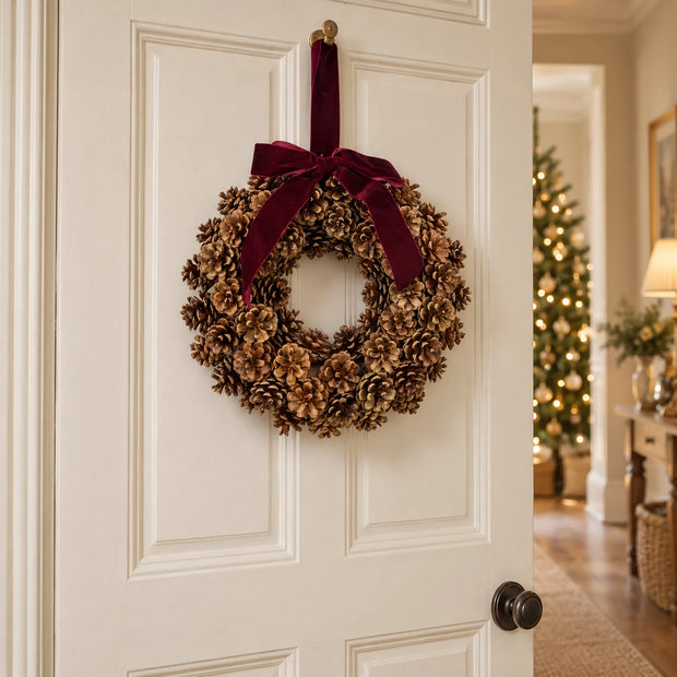 Decorative Christmas pinecone wreath with a bow, suitable for door decoration, by Satchville