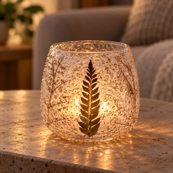 Ancient Wisdom glass botanical tealight candle holder with Christmas design, featuring intricate floral patterns for cozy evening decor.