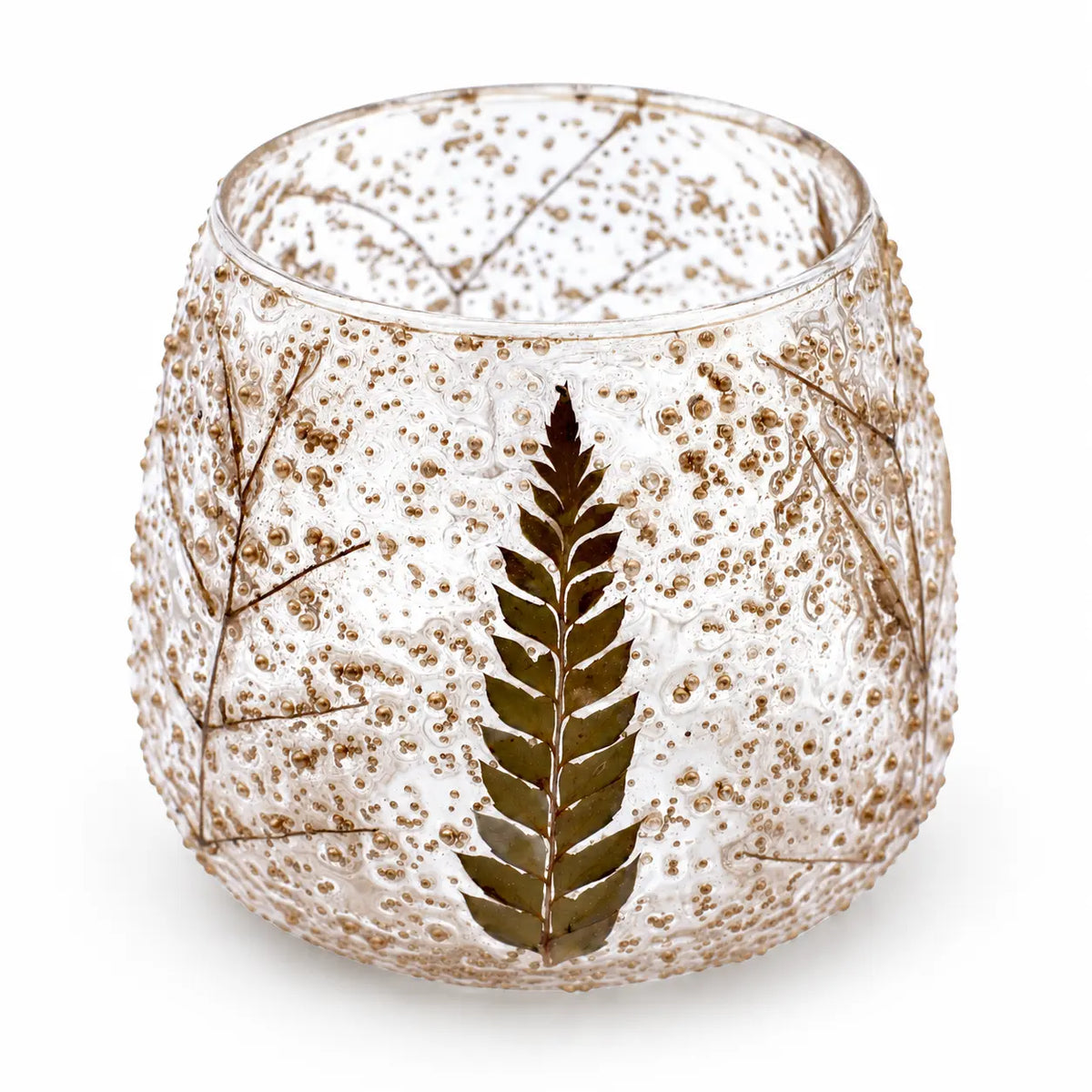 Glass botanical tealight candle holder with Christmas-themed design by Ancient Wisdom, featuring intricate plant patterns.