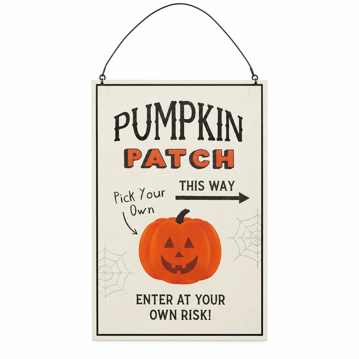 Pumpkin Patch wooden hanging sign with orange pumpkin illustration and wire hanger on white