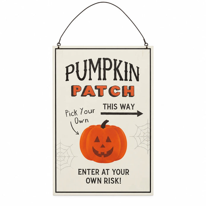 Pumpkin Patch wooden hanging sign with orange pumpkin illustration and wire hanger on white