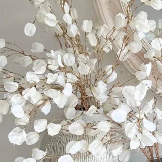 Artificial white lantern stem plant by Lulu Loves Home, featuring lush green foliage and elegant white lantern flowers.