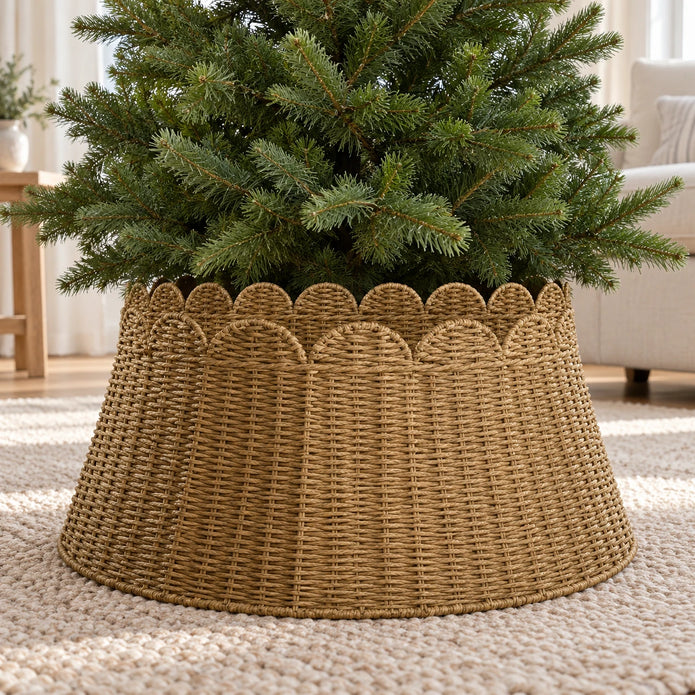 Satchville raffia extra large Christmas tree skirt with scalloped edge