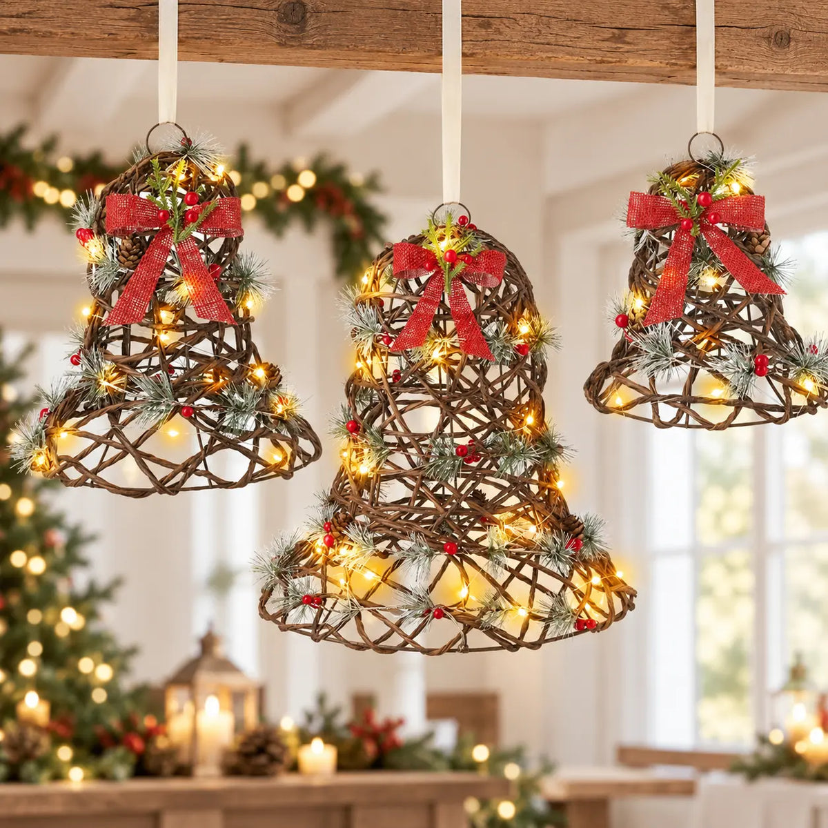 Set of three rattan LED Christmas bells with red bows hanging from an oak beam