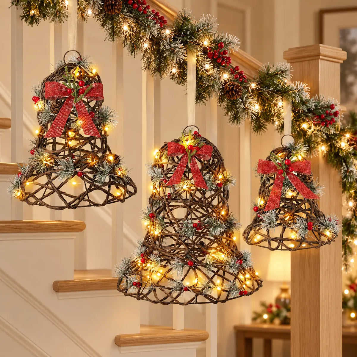 Rattan LED bell set hanging beside a Christmas stair garland