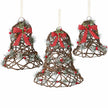 Set of three rattan Christmas bells with red bows on white