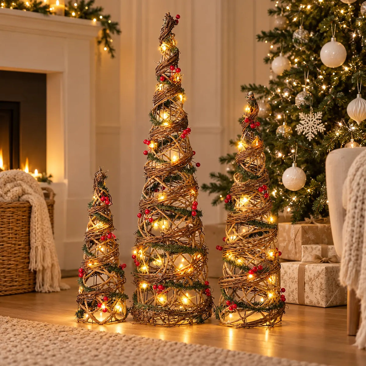 Rattan Christmas tree set with red berries and lights in a cosy room
