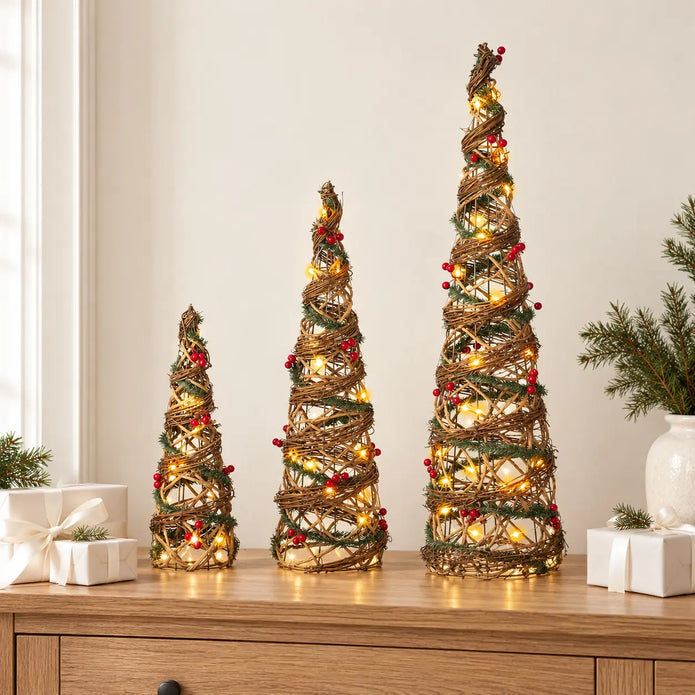 40 60 and 80 cm rattan light up trees on an oak console