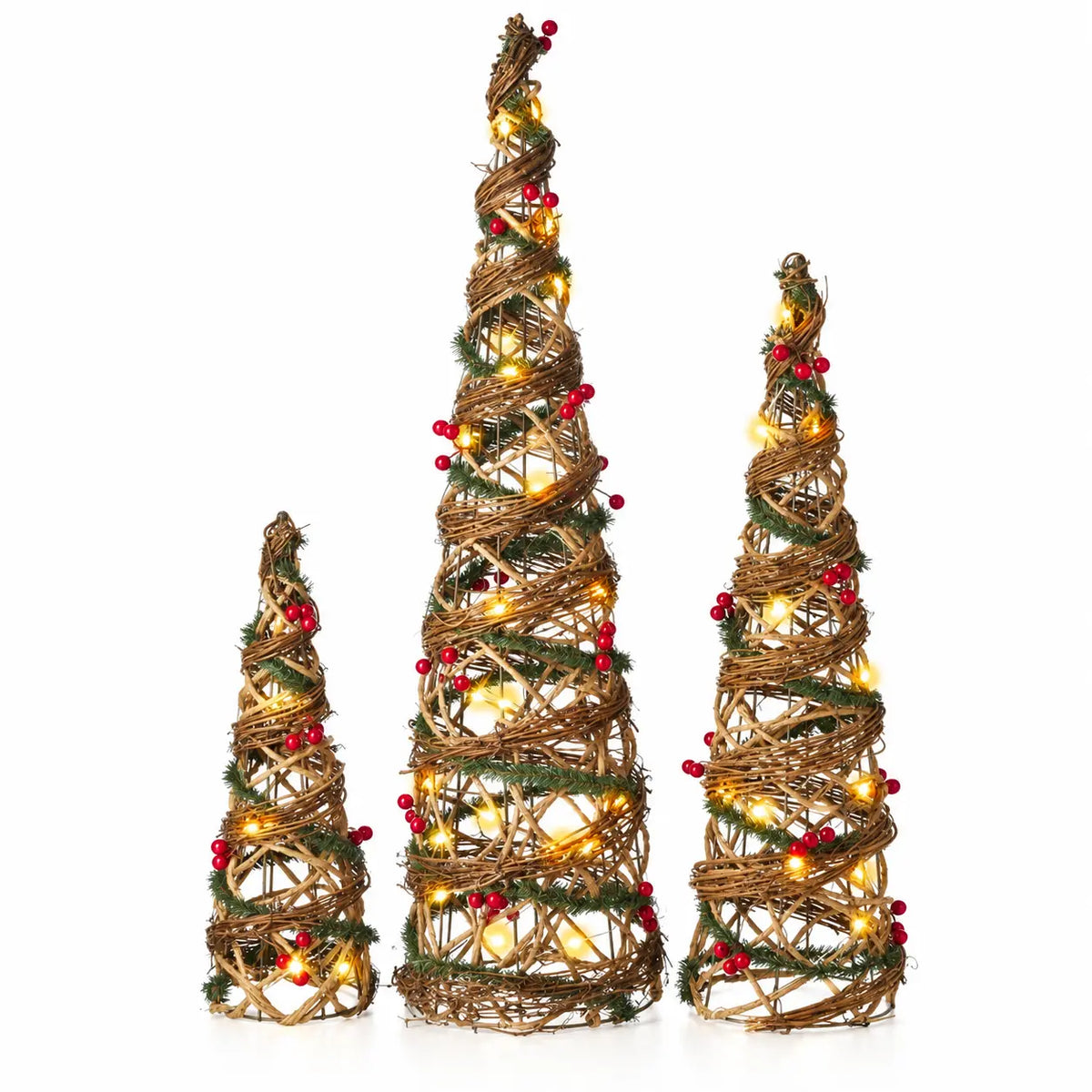 Rattan LED Christmas trees showing natural weave greenery and red berries on white