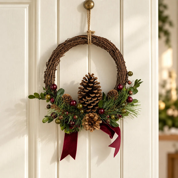 Small rattan Christmas wreath on a cream interior door