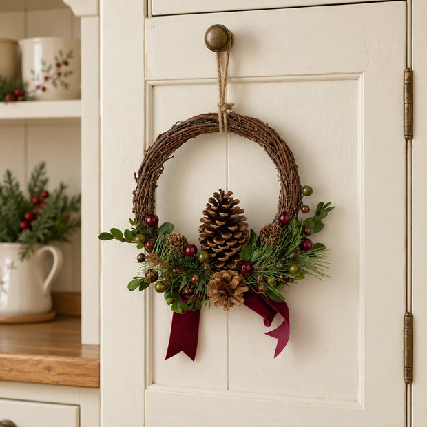 Rattan Christmas wreath on a cream kitchen dresser