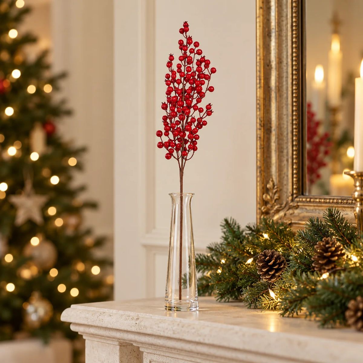 60cm Red Berries Stem in a clear vase on a festive mantel