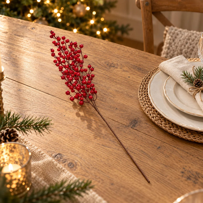 Single Red Berries Stem laid on an oak Christmas dining table