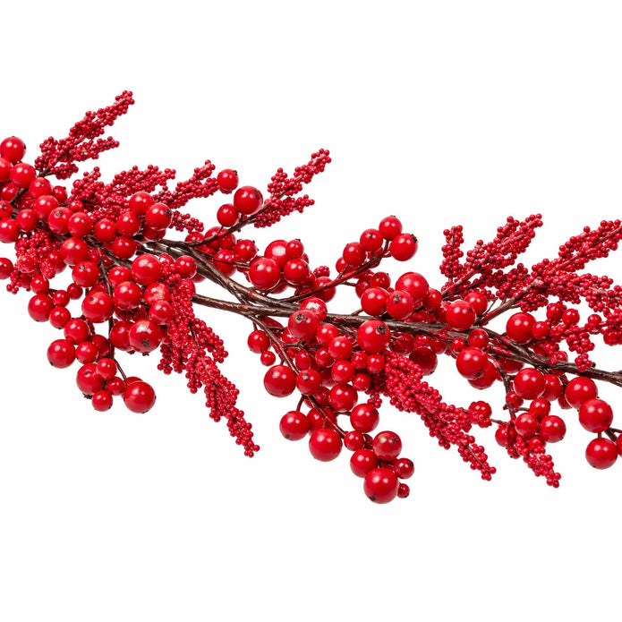 Close-up of red berry clusters and branching sprays on the Red Berry Burst Luxury Garland