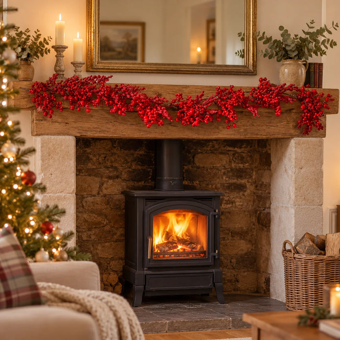 180cm Red Berry Burst Luxury Garland draped across an oak Christmas mantel