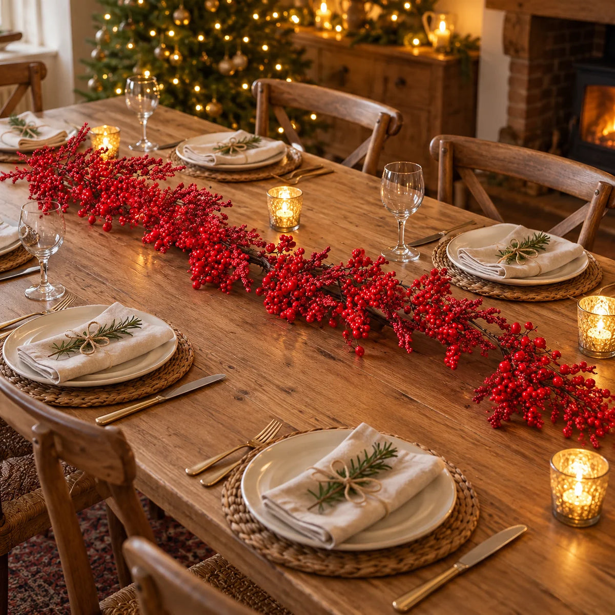 Red Berry Burst Luxury Garland styled along a Christmas dining table