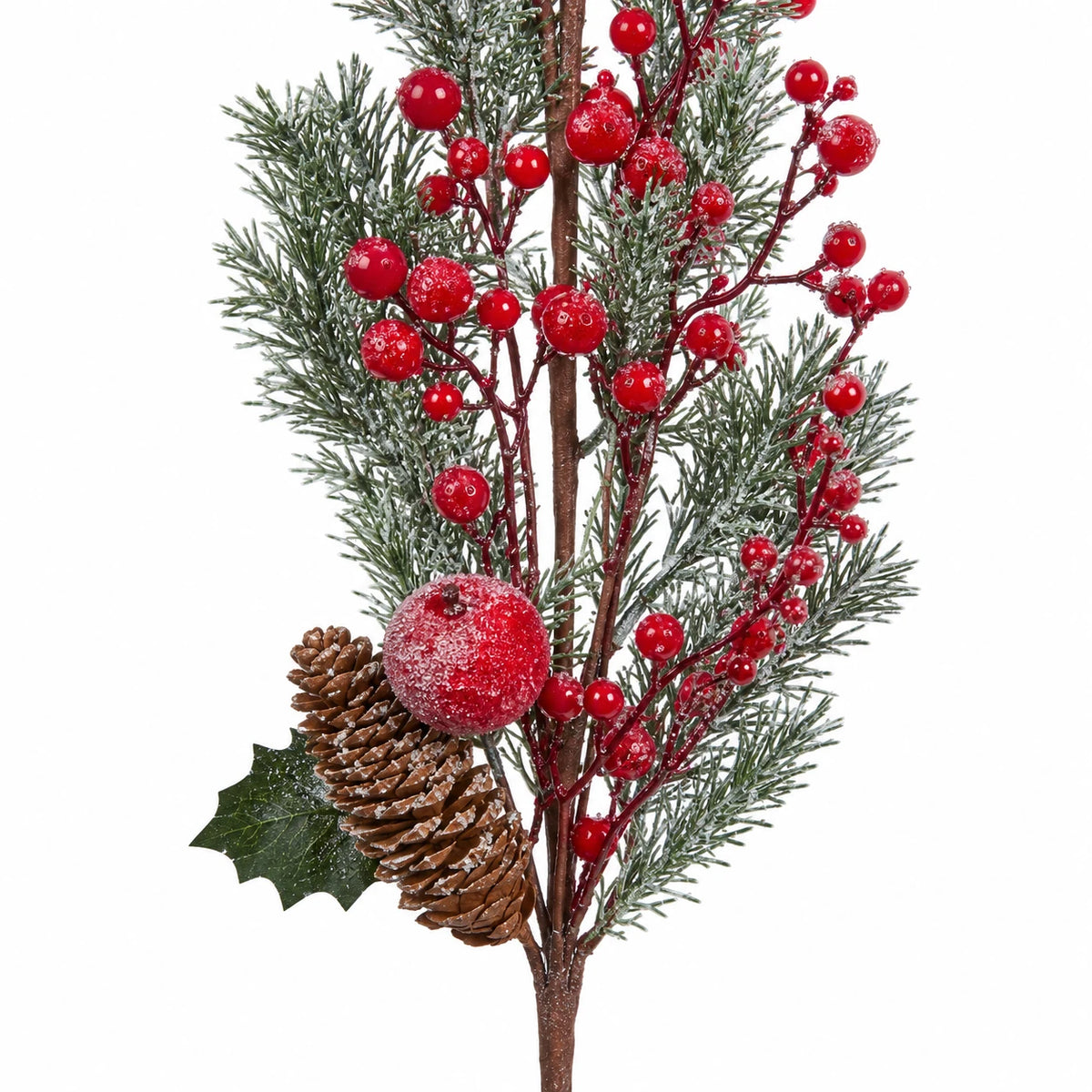 Close view of red berries, cedar foliage, pinecone and frosted red fruit on the festive stem.