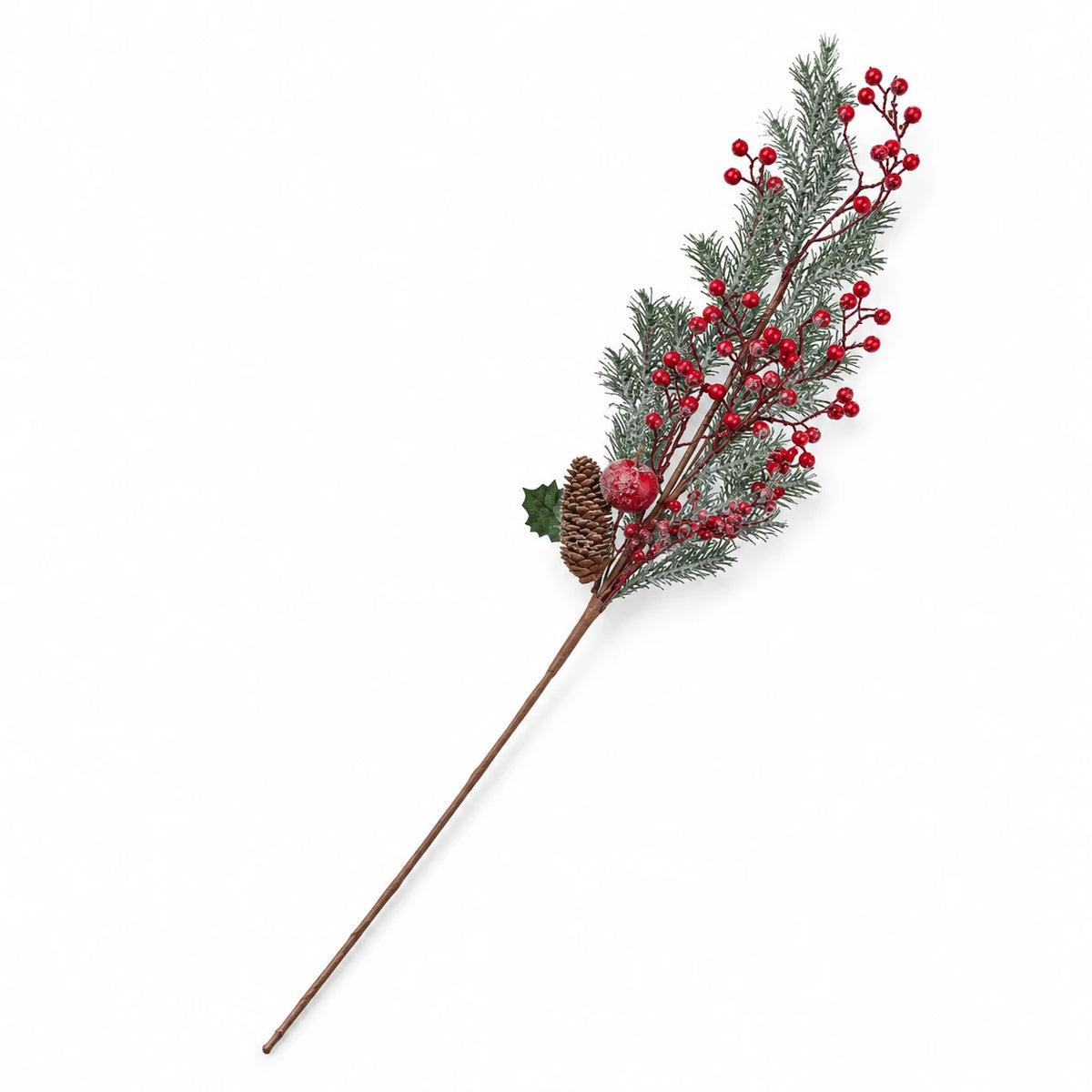 Full-length 60cm red berry and cedar festive stem on a white background.