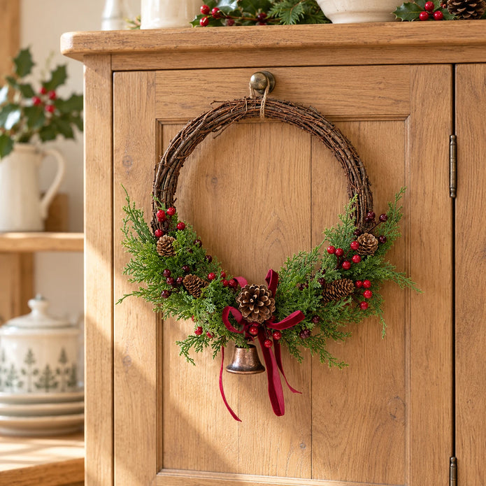 Large red berry twig Christmas wreath with pinecones, bell and bow, styled in a country Christmas dresser display