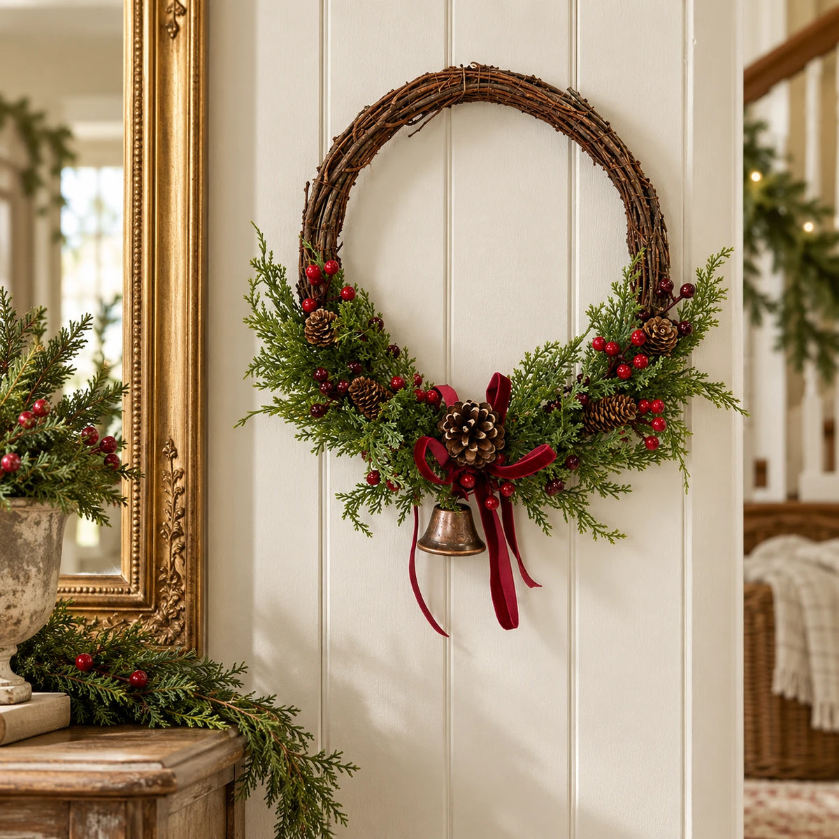 Large red berry twig Christmas wreath with pinecones, bell and bow, styled in a country Christmas hallway