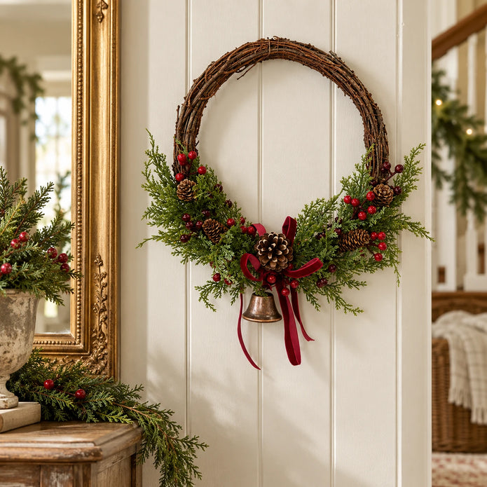 Large red berry twig Christmas wreath with pinecones, bell and bow, styled in a country Christmas hallway