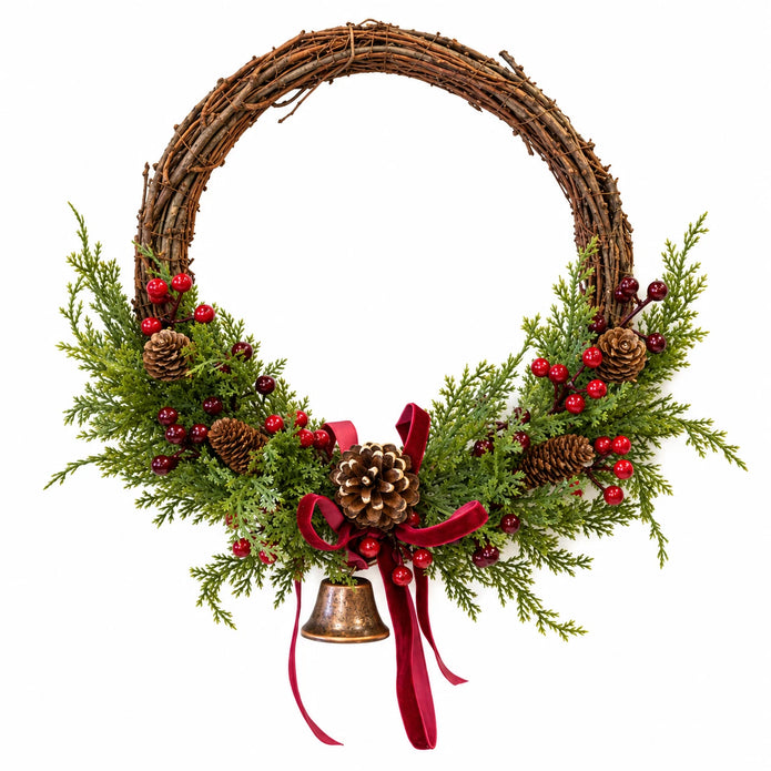 Large red berry twig Christmas wreath with pinecones, bell and bow, full white studio view