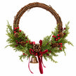 Large red berry twig Christmas wreath with pinecones, bell and bow, full white studio view