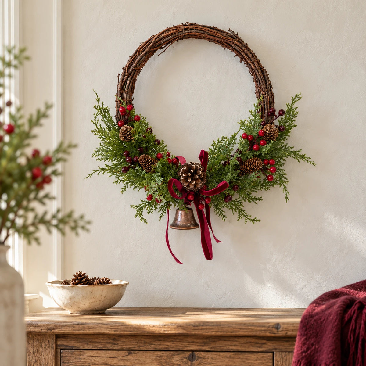 Large red berry twig Christmas wreath with pinecones, bell and bow, styled in a country Christmas wall display