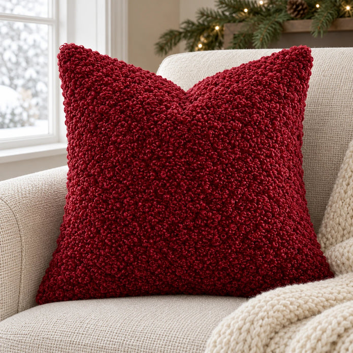 Red burgundy bouclé cushion cover on an oatmeal armchair with a cream throw
