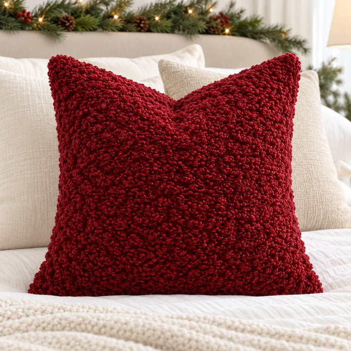 Red burgundy bouclé cushion cover styled with ivory bedding and Christmas greenery