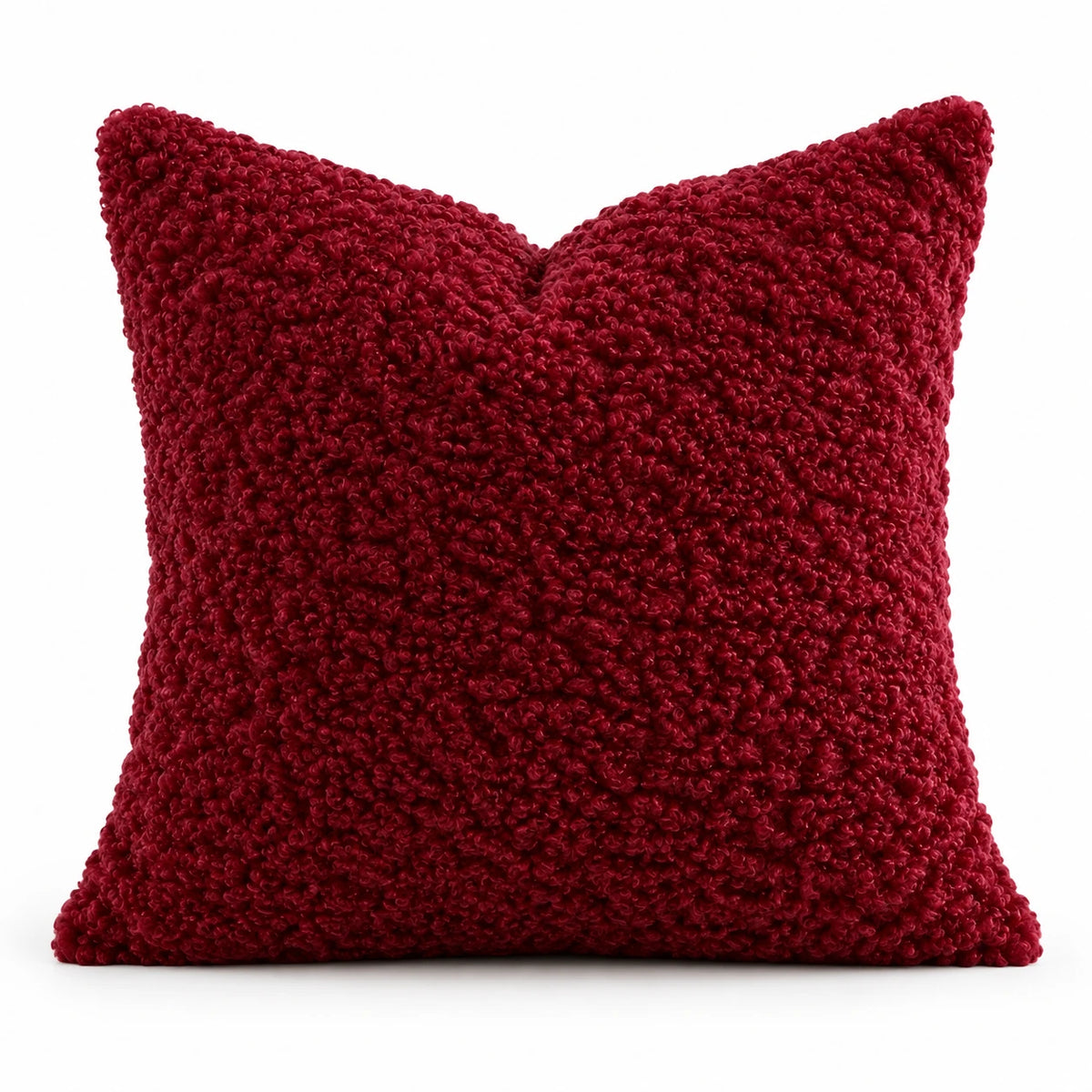 Front studio view of the red burgundy bouclé cushion cover
