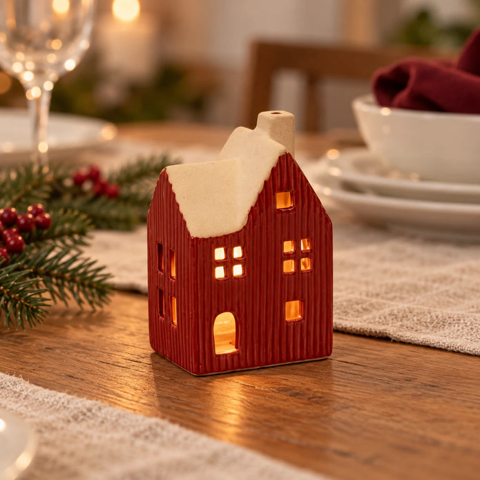 Red ceramic house tealight holder glowing on a festive dining table