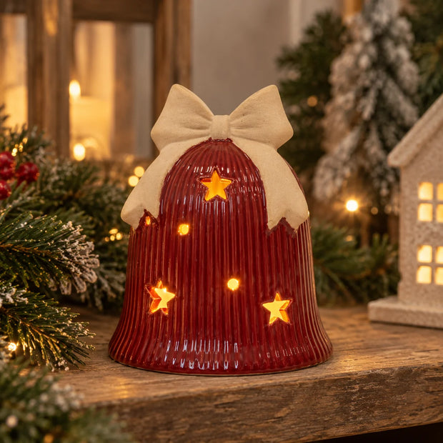Red ceramic Christmas bell with LED lights, decorative holiday ornament by Satchville, perfect for festive decorations.
