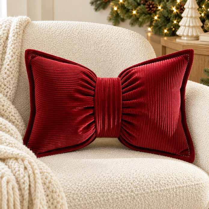 Red ribbed corduroy bow cushion on a cream boucle armchair with neutral Christmas decorations.