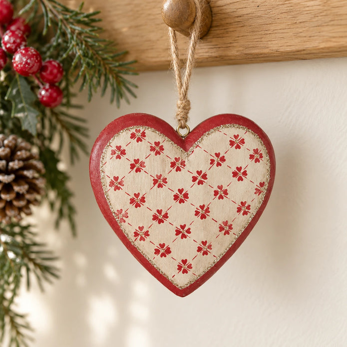 Red and cream heart Christmas decorations by Heaven Sends on an oak peg