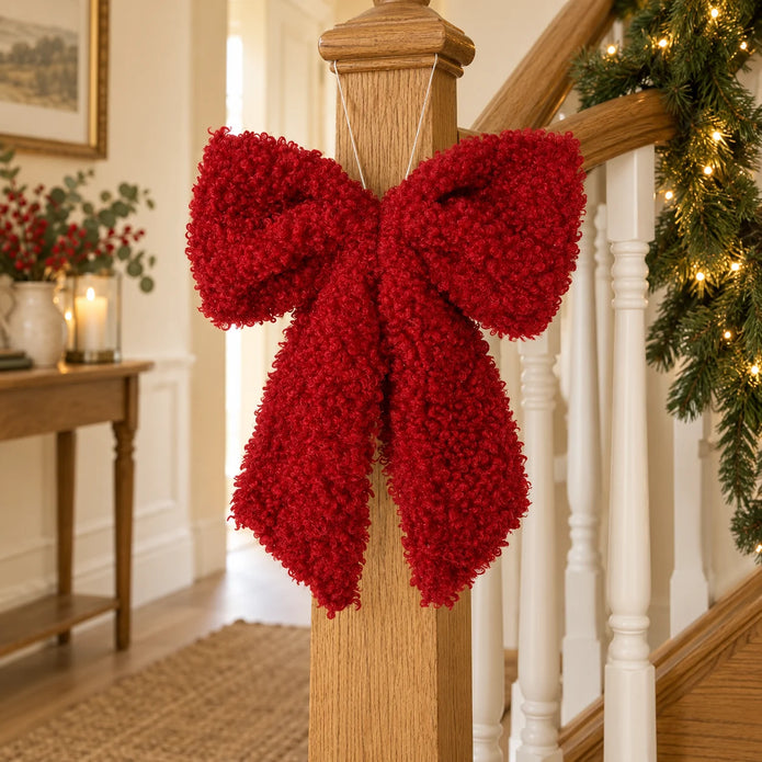 Red fluffy bow hanging for Christmas decorations by Heaven Sends, featuring soft, plush fabric and festive holiday style.