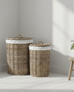 Round rattan laundry hamper basket with white lining, red color, ideal for home decor storage by Red Hamper.