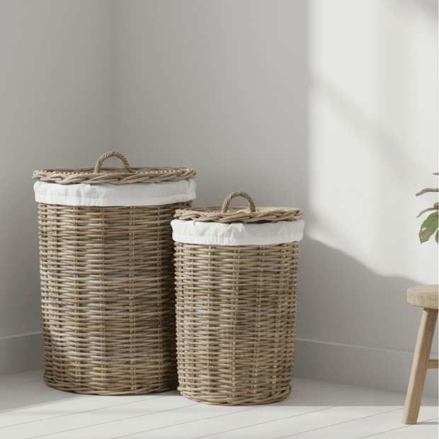 Round rattan laundry hamper basket with white lining, red color, ideal for home decor storage by Red Hamper.