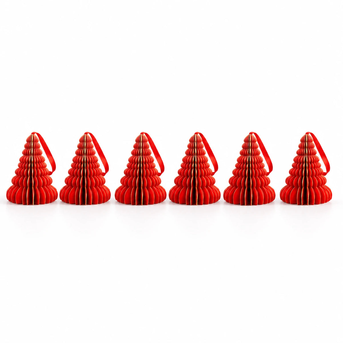 Complete set of six red hanging paper trees and red ribbons on white.