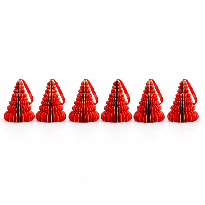 Complete set of six red hanging paper trees and red ribbons on white.