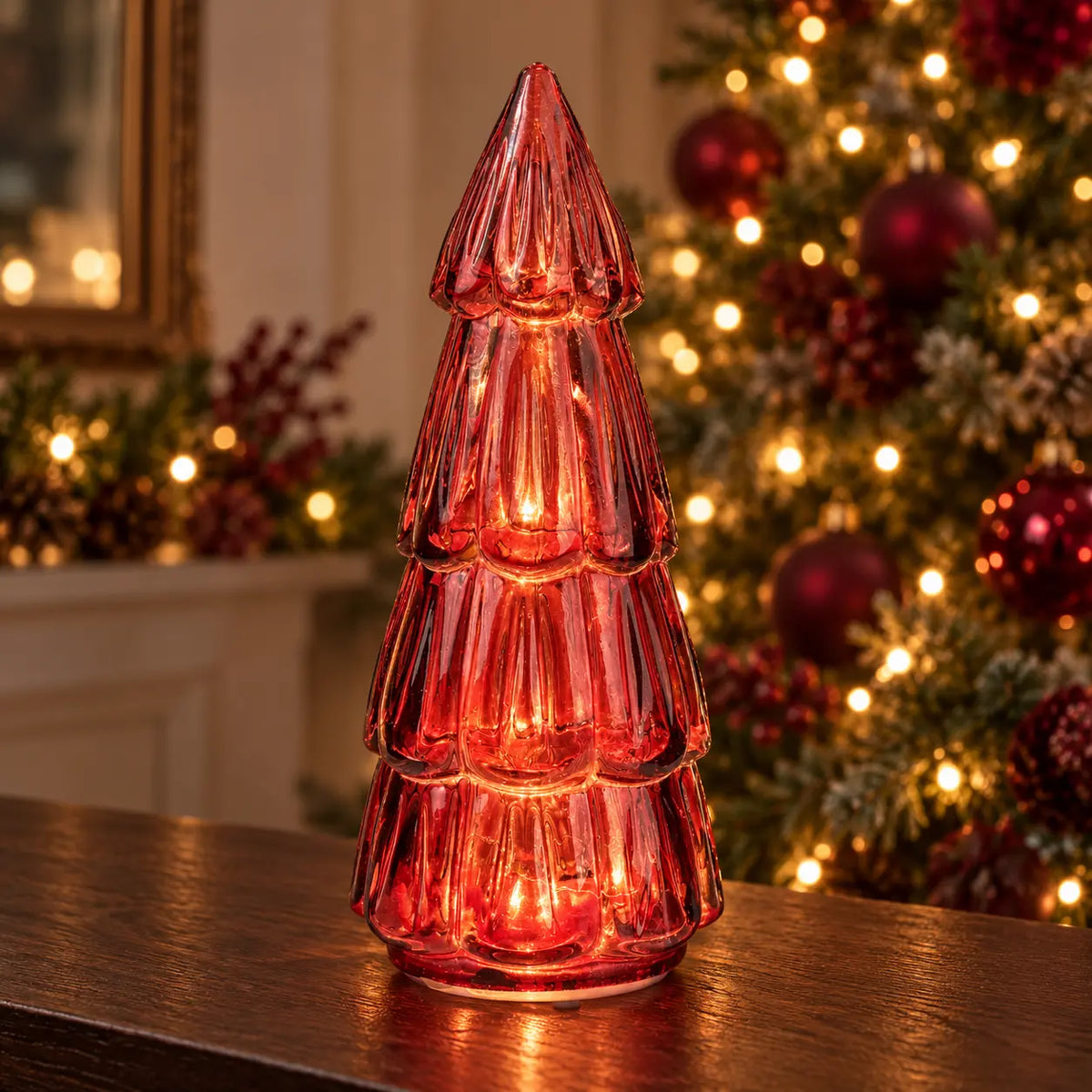 Red small LED Christmas tree with hummingbird design, illuminated lights, festive holiday decoration by Candlelight Products Ltd.